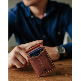 SERMAN BRANDS RFID Blocking Wallet Slim Bifold - Genuine Leather Minimalist Front Pocket Wallets for Men with Money Clip Gift (Canyon Red Rogue)