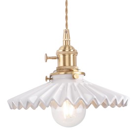 Shenmoyl Pendant Light with White Pleated Ceramic Lmapshade, Brass Vintage Pendant Light Adjustable Hanging Light for Kitchen Island Dining Room Hallway