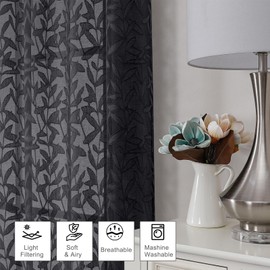 Chyhomenyc - Cortinas transparentes negras de 54 pulgadas de longitud para sala de estar, juego de 2 paneles, clip de jacquard con textura de hoja negra para recámara, cortinas de bolsillo para barra