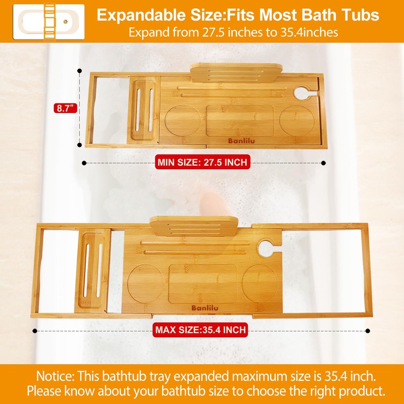 Premium Bamboo Bathtub Tray Caddy - Bath Tub Tray Table