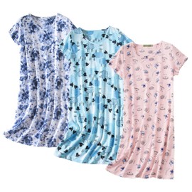 Inadays 3 Pack Women's Cotton Nightgown Sleepwear Short Sleeves Nightshirt Fun Print Sleepdress Loose Comfy Sleepshirts Firework+Pink Cup+Blue Sheep-S