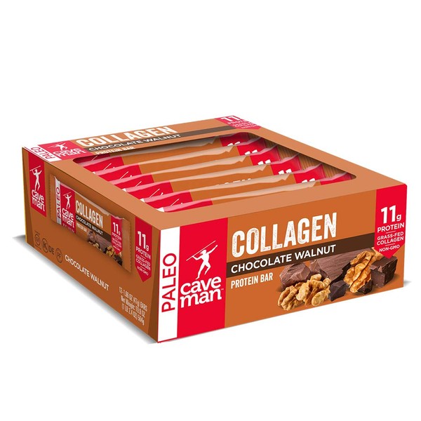 Caveman Foods Collagen Chocolate Walnut Protein Bar, 1.65 Oz, (Pack of 12), Gluten free, 10 g protein, Premium Cookie Dough Protein Bars