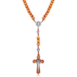 Hicarer Olive Wood Rosary Necklace Catholic Rosary Cross Wood Beads Handmade Rosary Wooden Chain Cross Olive Wood Beads Necklace with Flannel Bag for Men and Women Necklace (Brown)
