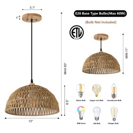 ALAISLYC 13 Inch Rattan Pendant Lights Farmhouse Boho Chandelier Light Fixture Rustic Wicker Hand Woven Pendant Hanging Light for Dining Room Kitchen Bedroom Foyer Hallway
