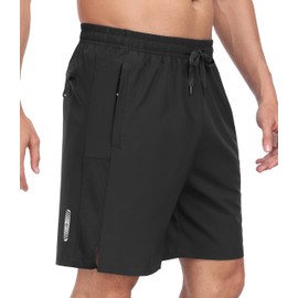 MoFiz Men's Running Short with Zipper Pocket Elastic Waistband Tennis Hiking Outdoor Fishing Short Black,S
