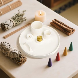 Luvan 5-in-1 Multifunctional Ceramic Incense Holder with Ash Tray Incense Burner for Burning Sage, Palo Santo, Incense Sticks and Cones for Yoga, Meditation, Zen