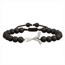 Hockey Boy Inspirational Beaded Bracelet, Black Matte Beads with Hockey Stick Charm, Sports Gift for Athletes