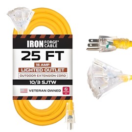 IRON FORGE CABLE 25 Foot Lighted Outdoor Extension Cord with 3 Electrical Power Outlets - Yellow