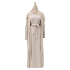 Muslim Dress With Hijab for Women Abayas Eid Kaftan Dresses Long Maxi Cardigan Robe Modest Muslim Islamic Ramadan Abaya Dress Prayer Clothes For Women Kaftan Maxi Dress Long Sleeve Beige + Hijab XL