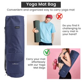 TJC Portable Yoga Mat Bag with Storage Pockets and Adjustable Shoulder Strap Yoga Mat Carry Luggage Bag Made of 100% Polyester Durable Lightweight Side Washable Travel Size 70x20x1 Cm - Navy Blue