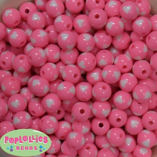 poplollies 12mm Pink and White Heart Resin Bubblegum Beads Lot