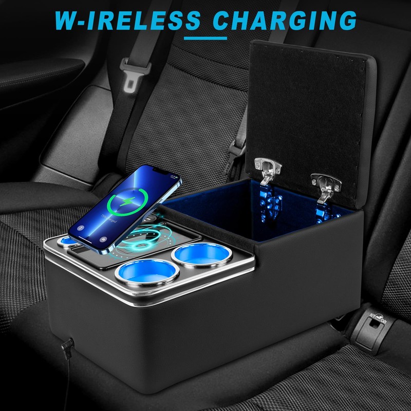 Car Center Console Armrest Organizer: with W-ireless Charging, Fast Charging,