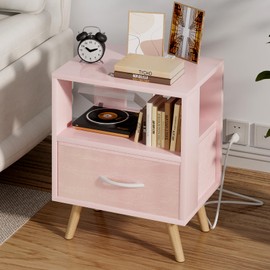 Aenuert Night Stand with Charging Station, Pink Kids Nightstand with Drawer, 2-Tier Nursery Bedside Table with USB Ports and Outlets, End Table for Small Space, Living Room, Bedroom