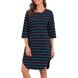 Vlazom 3/4 Ärmel Nachthemd V-Ausschnitt Damen Nachthemd mit Zwei Knöpfe Baumwolle Streifen Schlafhemd Damen Nachtwäsche mit Taschen(M,Stil A-grün+Marineblau)