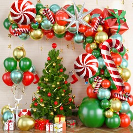 Christmas Balloons Garland Arch Kit, 106 Pack Xmas Metallic Red Green Gold Balloons, Candy Cane Foil Balloons, Explosion Star Balloons, Gift Box Balloons for New Year Winter Holiday Birthday Party