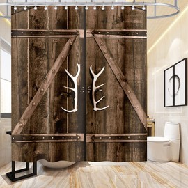 Antler Shower Curtain Wooden Plank Door Rustic Deer Horn Theme for Kids Bathroom Decor Cloth Fabric Sets with Hooks Waterproof Washable 72 x 72 Inches Brown and White