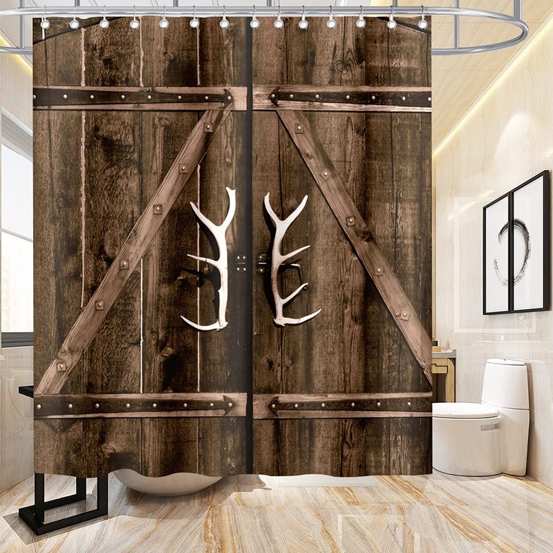 Antler Shower Curtain Wooden Plank Door Rustic Deer Horn Theme