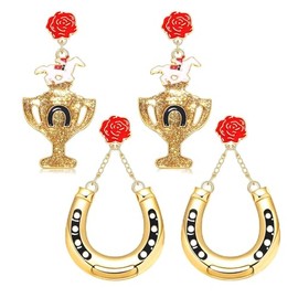 VOGUEKNOCK 2 Pairs Derby Earrings for Women Kentucky Derby Trophy Horseshoe Dangle Earrings Statement Race Day Earrings Derby Horse Racing Fan Jewelry Gifts Horseshoe Cup
