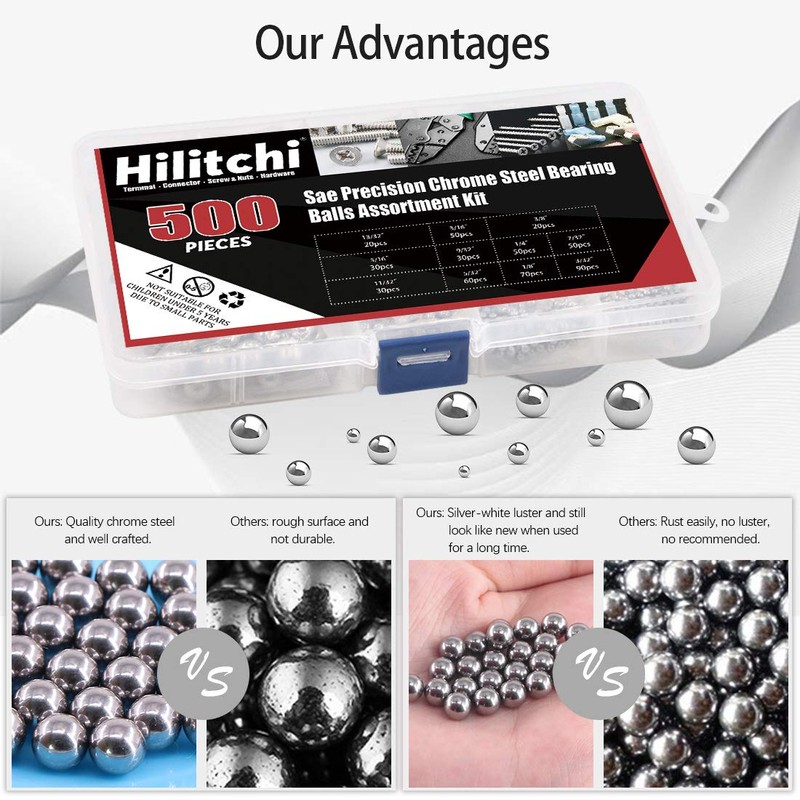 Hilitchi 500 Pcs 11 Size SAE Precision Bearing Steel Ball