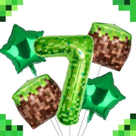 Ovanda Luftballon 7, Pixelmotiv Riesige Grüne Pixel Miner Thema Zahlenballon, Grasblöcke Luftballon, 5 Stück 100 CM XXL Folienballon 7, Luftballons 7 Jahre Mädchen, Luftballons 7 Jahre Junge