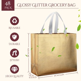 Epakh 48 Pcs Reusable Gift Bag with Handle Reusable Gold Grocery Tote Gift Bag Bulk Non Woven Glossy Bridesmaid Tote for Wedding Christmas Baby Shower Birthday Party(Gold)