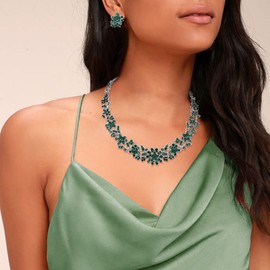EVER FAITH Party Rhinestone Jewelry Set, Glamour Cluster Flower Leaf Necklace Earrings Set for Women Green Silver-Tone