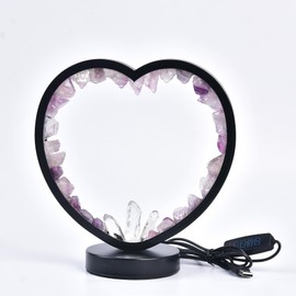AMOYSTONE Natural Crystal Led Lamp Purple Fluorite USB Night Light Tri-Color Lamp Heart Shaped, Natural Healing Crystal Bedside Night Lamp Bedroom Lamp Home Decoration Gift