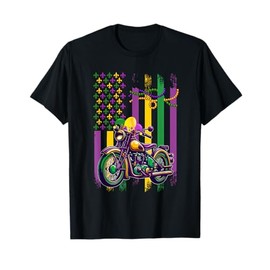 American Flag Mardi Gras Motorcycle Wearing Jester Hat Beads T-Shirt