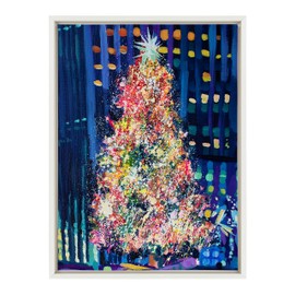 Kate and Laurel Sylvie Rockefeller Center Tree Framed Canvas Wall Art by Rachel Christopoulos, 18x24 White, New York Christmas Tree Art for Wall