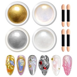 LEDSUUEI Gold Chrome Nail Powder: Mirror Effect Silver Chrome Powder for Nails Glitter LONG-LASTING, Pearl Aurora Mermaid Glazed Donut Nail Powder, Ice Holo Pigment Nail Art DIY Design Decor 4PCS
