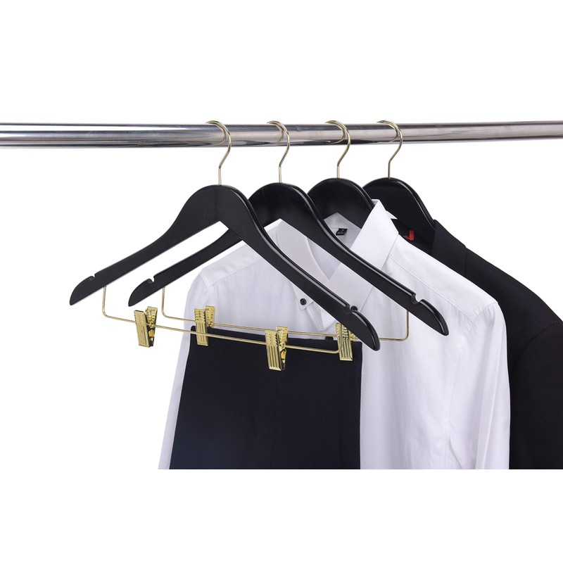 Quality Black Wooden Skirt Hangers with Clips, 20-Pack Smooth Solid