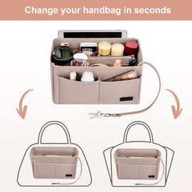 Ropch Handbag Organiser Insert, Felt Insert Bag Organiser Bag in Bag Organizer with Detachable Zipper Cover Perfect for Speedy Neverfull Tote,Beige-M