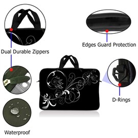 Laptop Skin Shop 15" - 15.6" Neoprene Laptop Sleeve Bag Carrying Case with Handle - Vines Black and White Swirl Floral