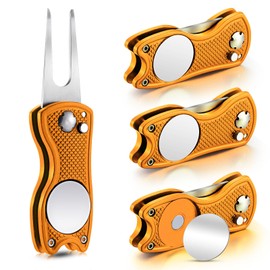 Skylety 4 Pieces Golf Divot Repair Tool with Magnetic Button Ball Marker Divot Tool Stainless Steel Foldable Switchblade Golf Green Divot Tool for Golfers Golf Prizes(Orange)
