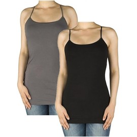 Fashiondio Women Basic Built in Inner Bra Extra Long Spaghetti Cami Adjustable (Medium, Charcoal, Black)