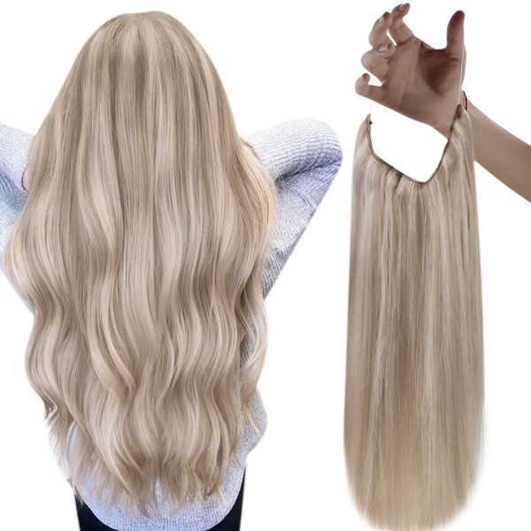 Easyouth Wire-on Real Hair Extensions, Secret Wire, Remy Brazilian Hair, 20 Inches, 100 g, Colour Ash Blonde Mix Yellow Blonde Extensions, Real Hair with Wire