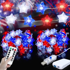 4th of July Decorations String Lights 2Pack, 16FT 50LED Red White Blue Stars Patriotic String Lights with Remote, USB & Battery Powered Fairy Light for Patriotic Memorial Day Independence Day Decor
