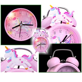 TCJJ Unicorn Alarm Clock for Girls, Non-Ticking Alarm Clock, Children Girls, Quiet Bedside Table, Pink Alarm Clock, Classic Loud Double Bell Clock with Backlight, Suitable for School Gifts