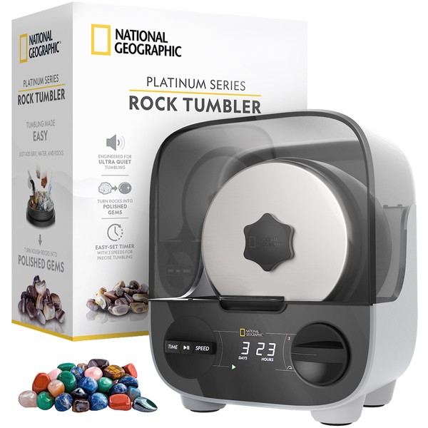 NATIONAL GEOGRAPHIC Professional Rock Tumbling Kit - Patent-Pending Rock Polisher for Kids & Adults, Platinum Series Ultra Quiet, 2 lb. Barrel, Rocks, Grit, GemFoam Polisher, Rock Tumblers for Adults