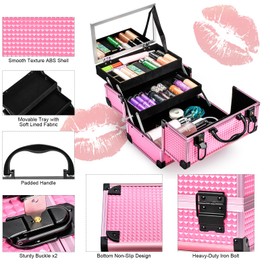 VETALLO Travel Makeup Box, Lockable Makeup Box Organizer I Makeup Train Case I Makeup Case Organizer I Makeup Box with Mirror I Large Makeup Organizer I Gifts For Her Women Bestie I Pink