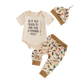 Baby Boy Fishing Clothes Retro Bodysuit Tackle Box Lures Fish Pants Hat Cute 3Pcs Newborn Coming Home Outfit Summer (Beige, 12-18 Months)