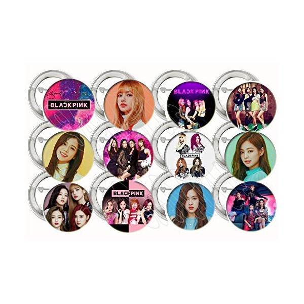 Black Pink Buttons K-pop Party Favors Supplies Decorations Collectible Metal Pinback Buttons Pins, Large 2.25” -12 pcs, South Korean Girl Band Jisoo Jennie Rosé Lisa