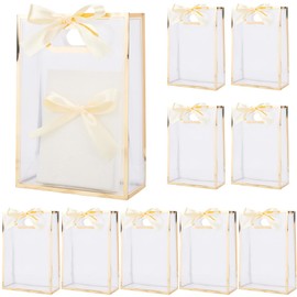 SOFPLATE 12Pcs Clear Bow Bags Clear Party Favor Bags with Ribbon 10 x 7 x 3in Rectangle Plastic Champagne Yellow Reusable Candy Tote Wrapping Pouch for DIY Wedding Birthday Gifts Presents Packaging