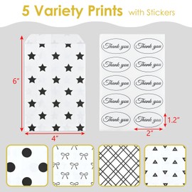 MOOCA 200 Pcs 5 Variety Prints Paper Gift Bags with Stickers, Jewelry, Cookie & Candy Buffet Bags, Treat Bag, Color: Black and White, 4W x 6H in
