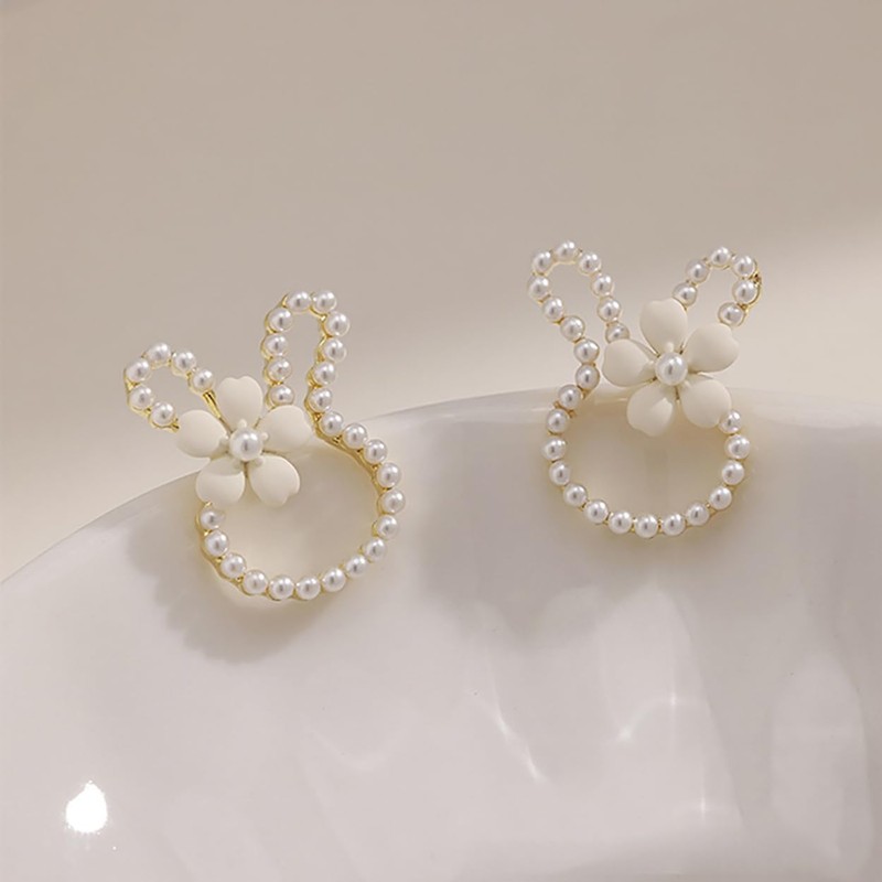 Easter Bunny Earrings for Women,Cute Pearl Rabbit Stud Hypoallergenic Spring