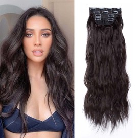 24 Inch Dark Brown Long Wavy Hair Extensions 11Clips Hair Extensions Synthetic Hair pieces for Women Girls 4PCS Full Head Set Thick Curly Wavy Synthetic Hair Extensions 4#