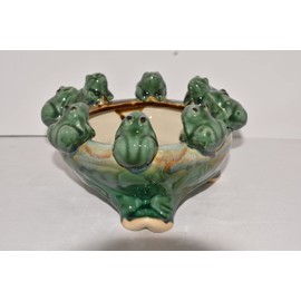 New 8" Oriental Chubby Frogs Frog Sitting on top of a Green Reactive Glaze Bamboo Planter Bowl Plant Pot with Feet