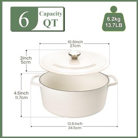 Chef Power Enameled Cast Iron Dutch Oven Pot with Lid 6QT, Heavy-Duty Cookware for Braising, Stews, Roasting, Bread Baking, Oven Safe Cream White