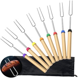 Barbecue Forks, Set of 8 Marshmallow Roasting Sticks Extendable 32 Inch Telescoping Stainless Steel Fire Pit Fork with Wooden Handle for BBQ Camping Campfire Party Picnic Fireplace