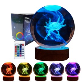 ChickenEggLamp Axolotl Crystal Ball lamp,3D 3.15 inch Crystal Axolotl Light,16 Colors Change with Remote Control,Axolotl lamp with Wooden Base,Axolotl Gift for Friends (C)